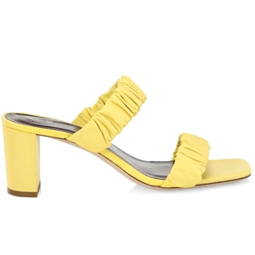 STAUD Frankie Ruched Leather Heeled Sandals Mules Wallflower Yellow EU 40 US 10 - Picture 2 of 15